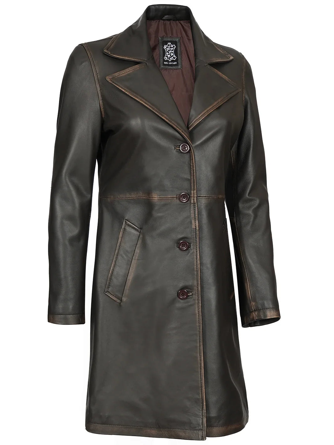 Women's Long Rub-Off Brown Lambskin Leather Coat