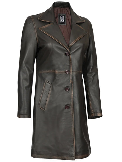 Women's Long Rub-Off Brown Lambskin Leather Coat