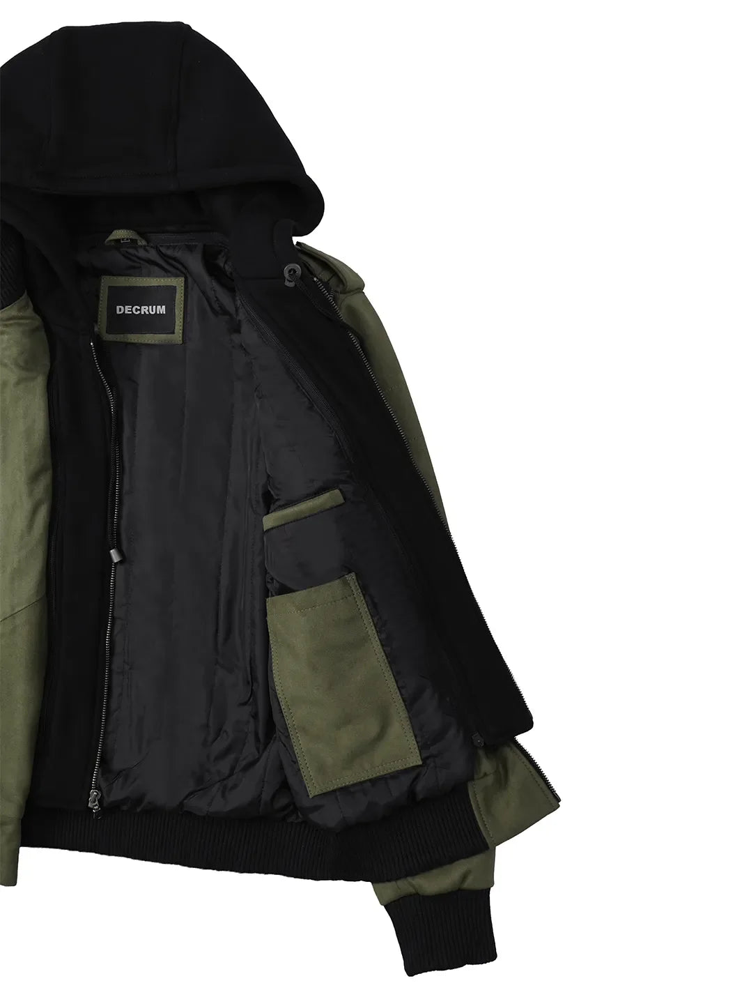 Men's Olive Green Faux Suede Hooded Bomber Jacket