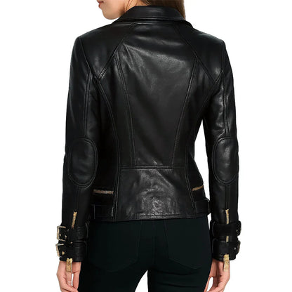 Gold Accents Zipper Closure Premium Sheepskin Leather Motorcycle Jacket for Women