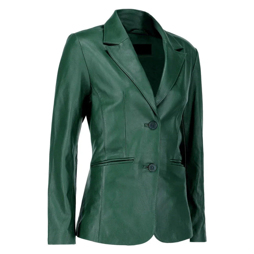 Black Notched-Collar Casual Genuine Sheepskin Leather Blazer for Women