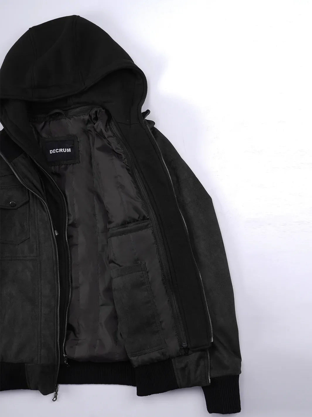 Men's Black Faux Suede Hooded Bomber Jacket