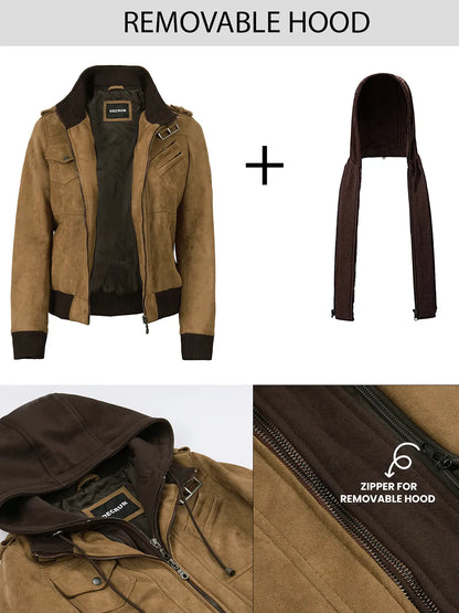 Women's Light Brown Faux Suede Hooded Bomber Jacket