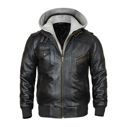 Bomber Removable Hooded Sheepskin Leather Jacket for Men