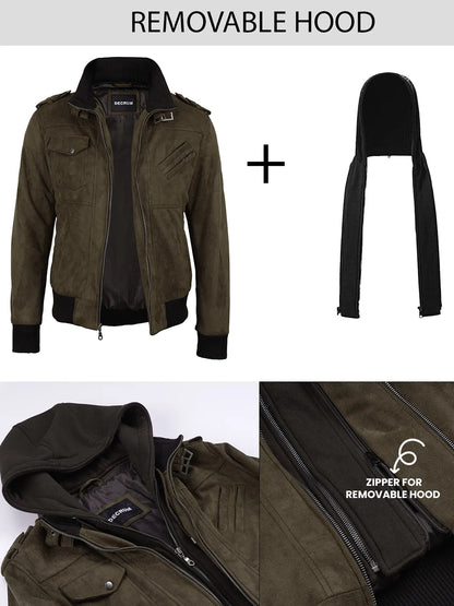 Men's Dark Brown Faux Suede Hooded Bomber Jacket