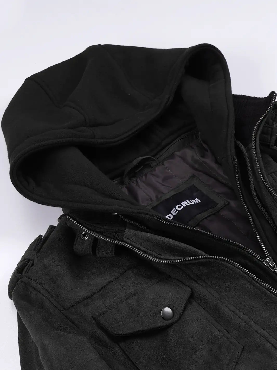 Men's Black Faux Suede Hooded Bomber Jacket