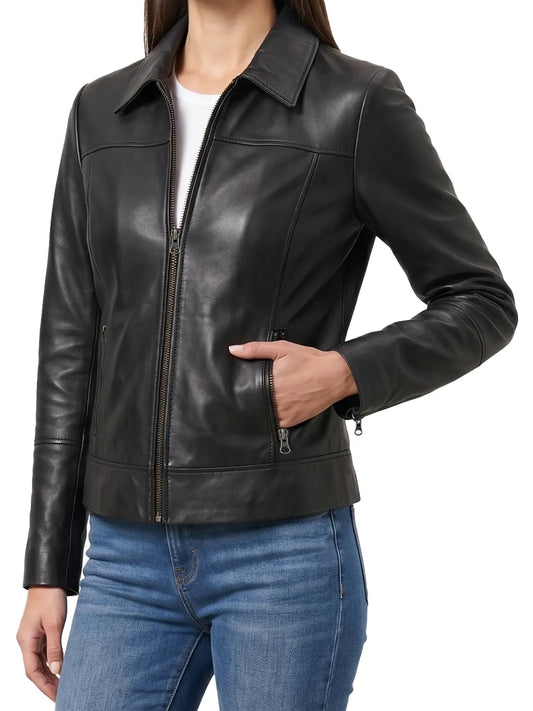 Women's Minimalist Black Lambskin Harrington Jacket