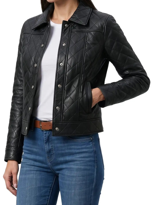 Women's Diamond-Quilted Black Lambskin Leather Jacket