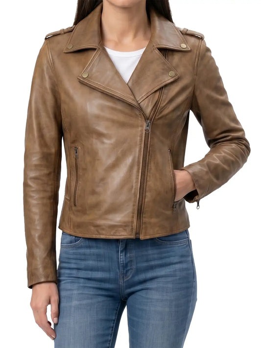 Kirsten Womens Asymmetrical Camel Brown Biker Style Leather Jacket