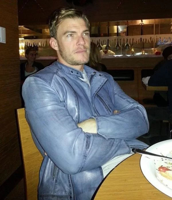 Alan Ritchson Biker Blue Leather Jacket Max Jackets