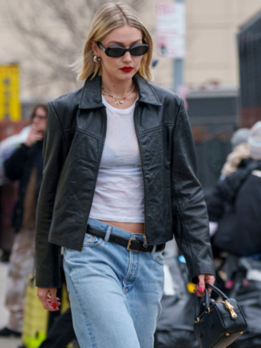 American Model Gigi Hadid Black Leather Jacket Max Jackets