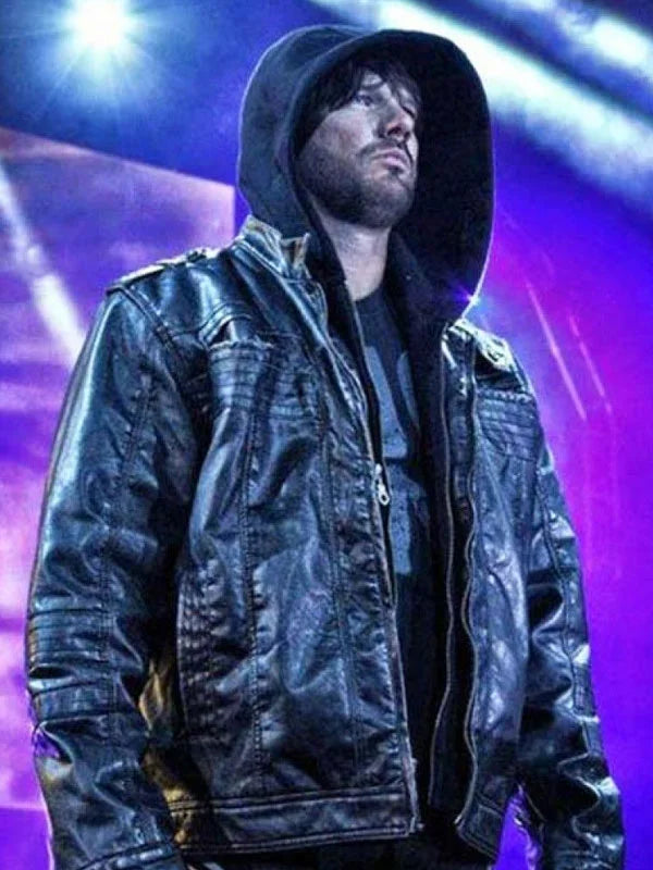American Wrestler AJ Style Blue Hooded Leather Jacket Max Jackets