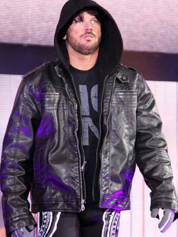 American Wrestler AJ Style Blue Hooded Leather Jacket Max Jackets