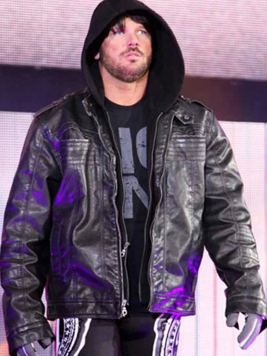 American Wrestler AJ Style Blue Hooded Leather Jacket Max Jackets