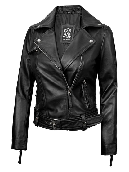 Angela Womens Black Asymmetrical Belted Leather Jacket