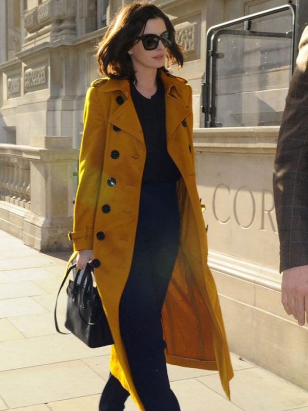 Anne Hathaway Chic Yellow Trench Coat London Max Jackets