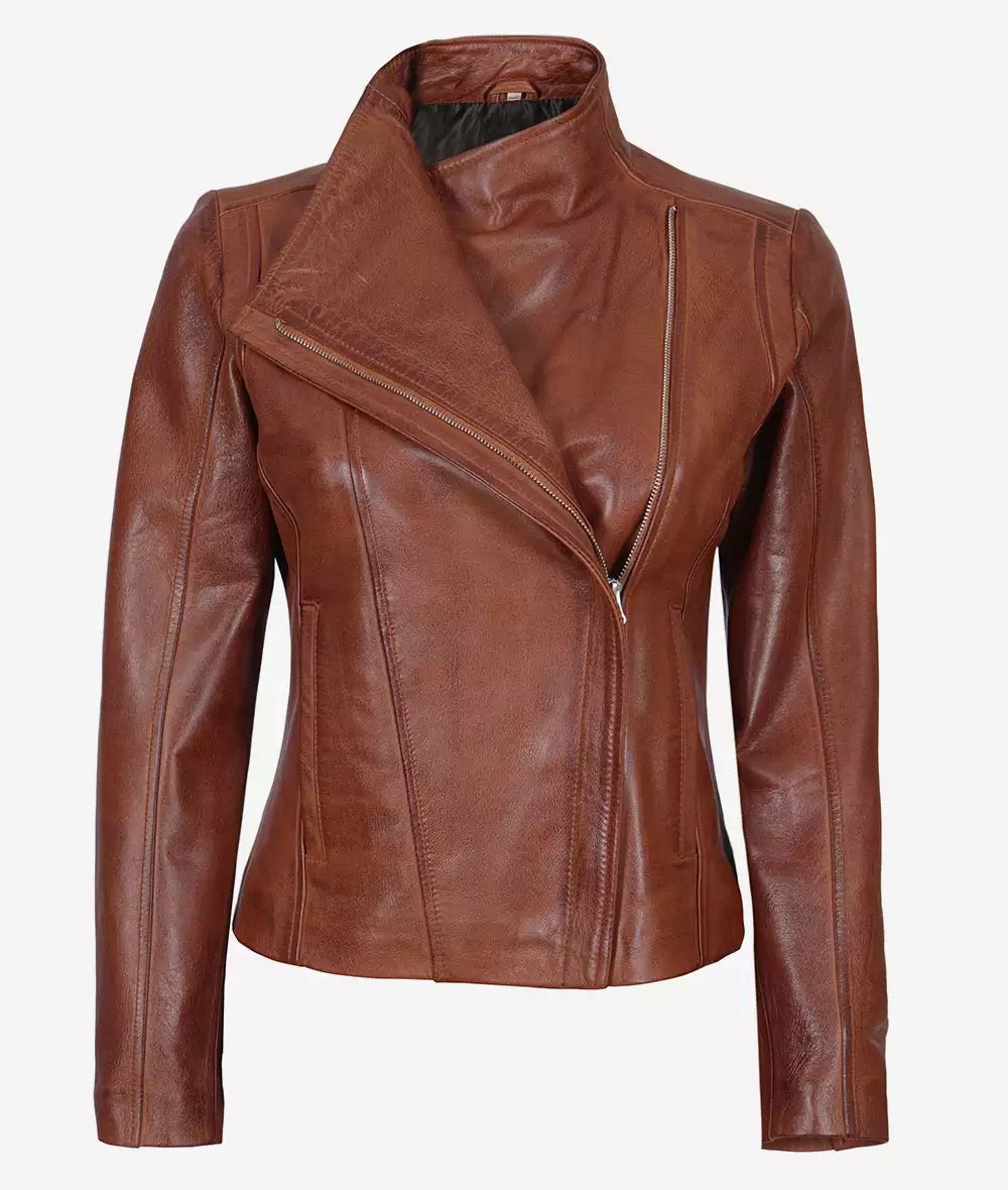 Women's Asymmetrical Cognac Leather Moto Jacket Max Jackets