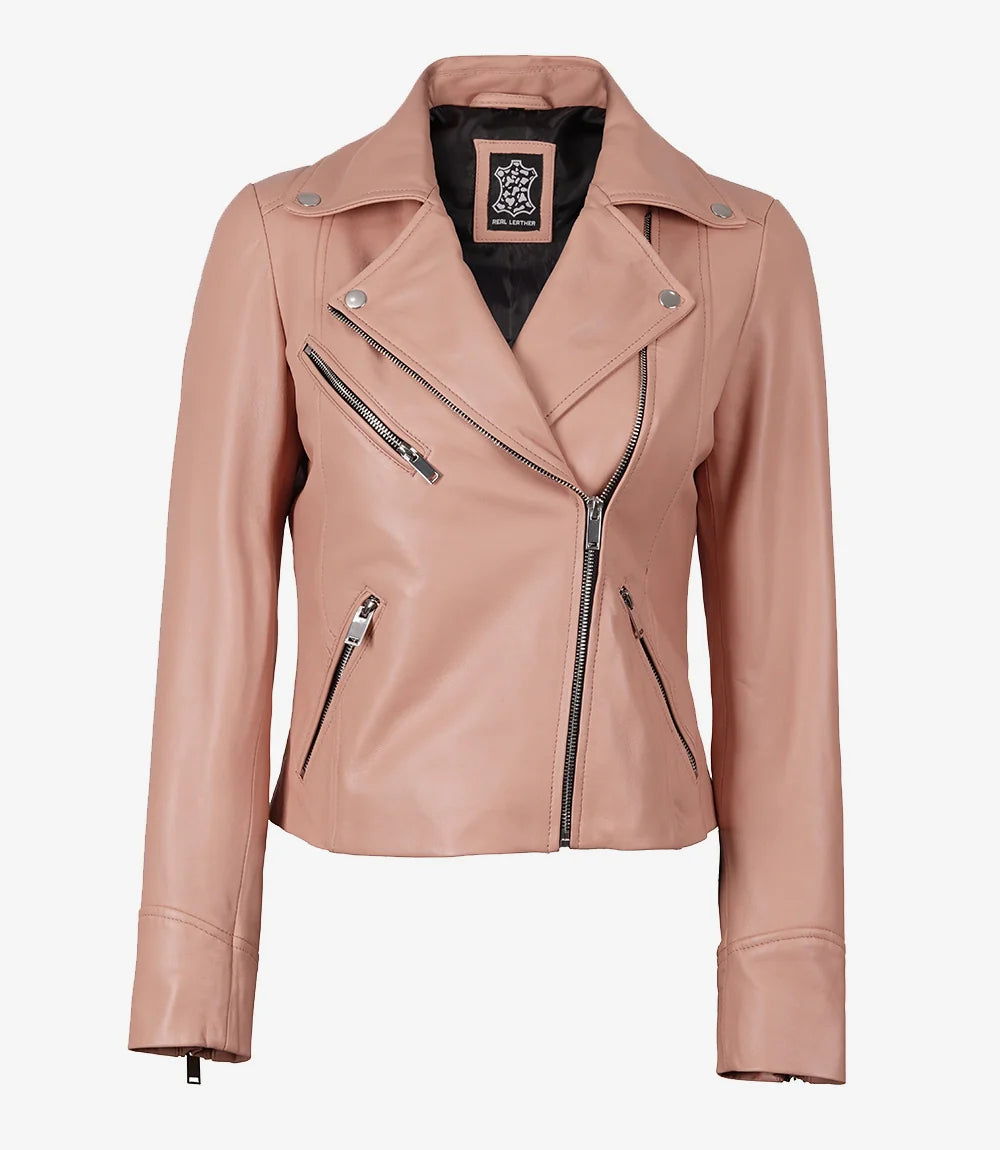 Women's Real Lambskin Leather Pink Asymmetrical Jacket
