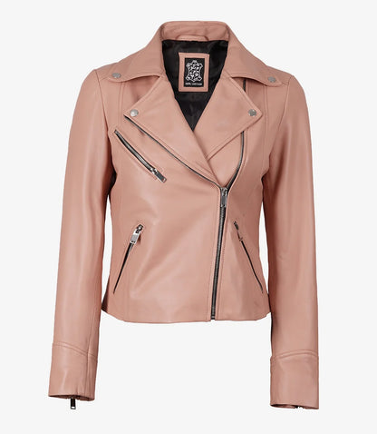 Women's Real Lambskin Leather Pink Asymmetrical Jacket