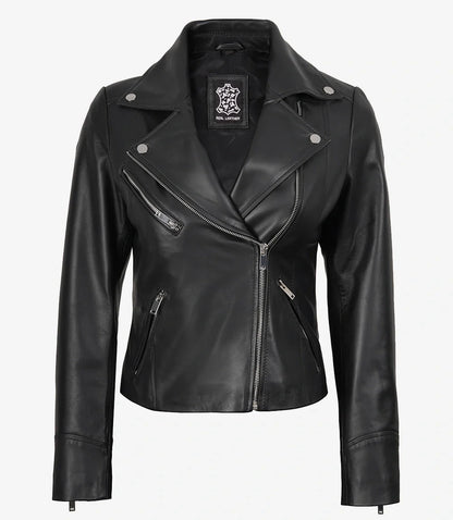 Rita Womens Asymmetrical Black Leather Biker Style Jacket