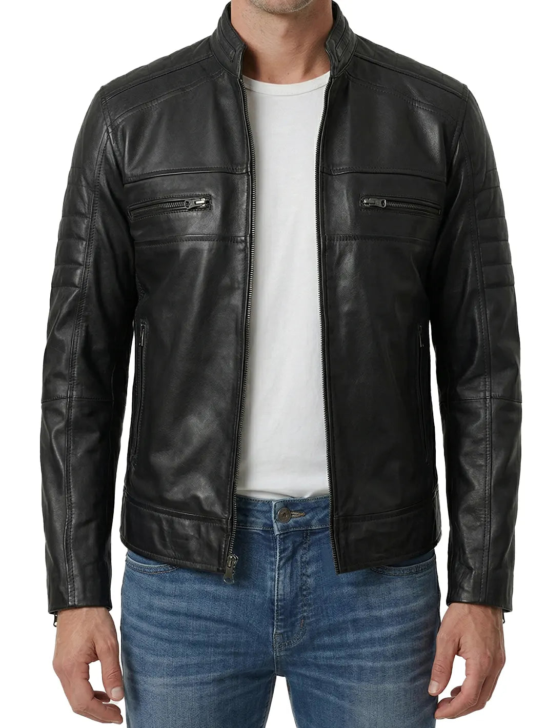 Men's Black Leather Cafe Racer Jacket