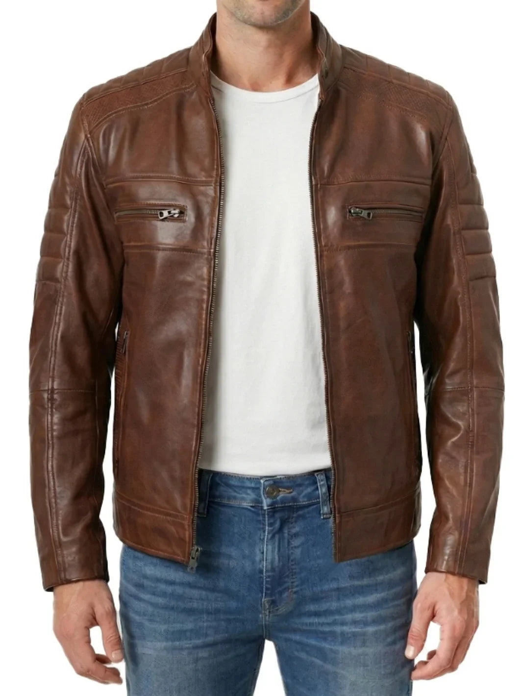 Men's Cognac Brown Leather Cafe Racer Jacket