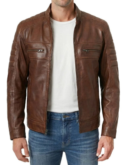 Men's Cognac Brown Leather Cafe Racer Jacket