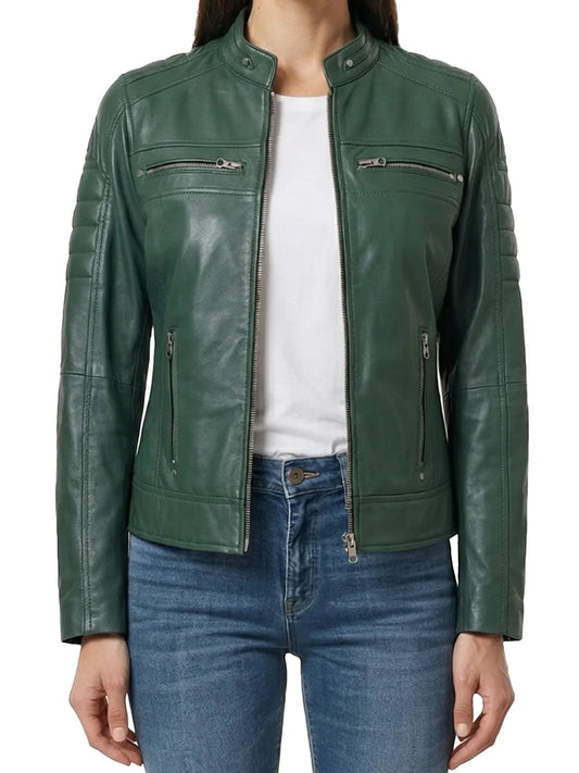 Austin Women Cafe Racer Style Green Leather Jacket