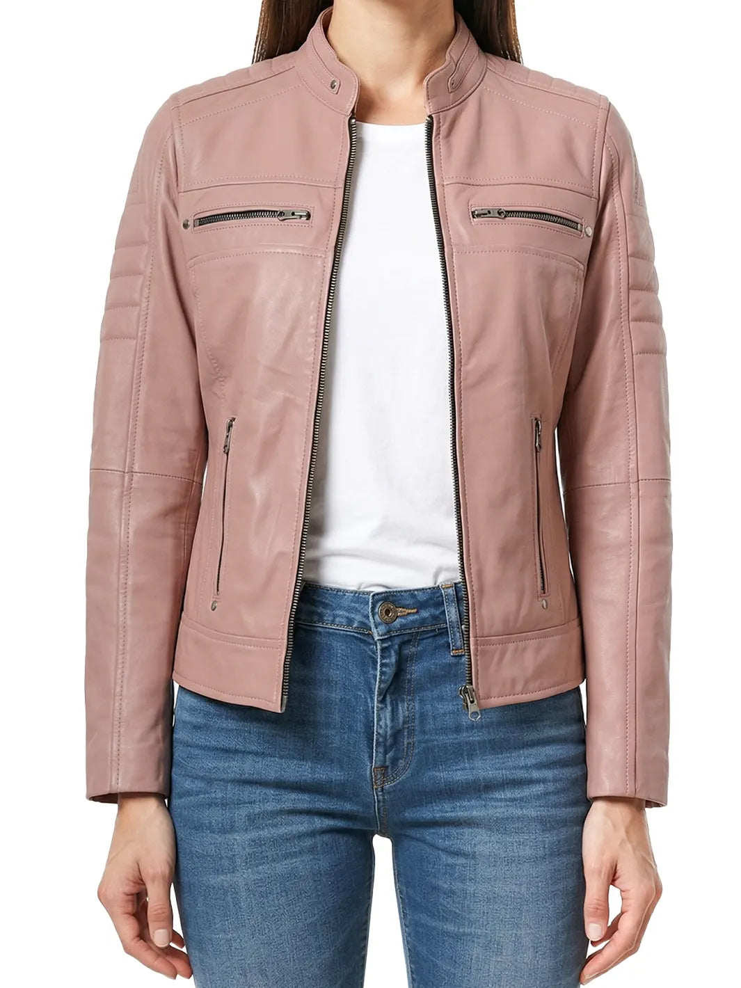 Austin Womens Pink Cafe Racer Style Leather Jacket