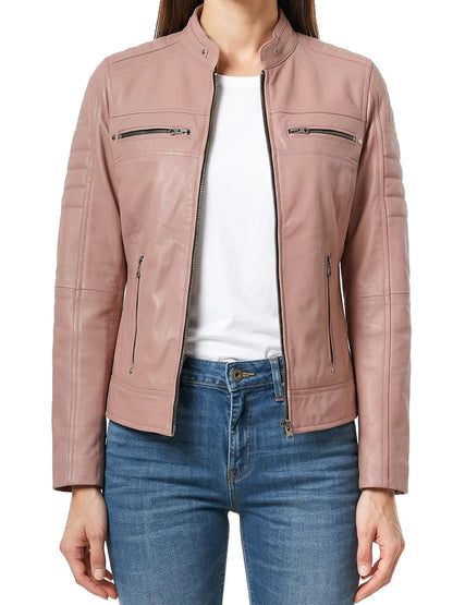 Austin Womens Pink Cafe Racer Style Leather Jacket