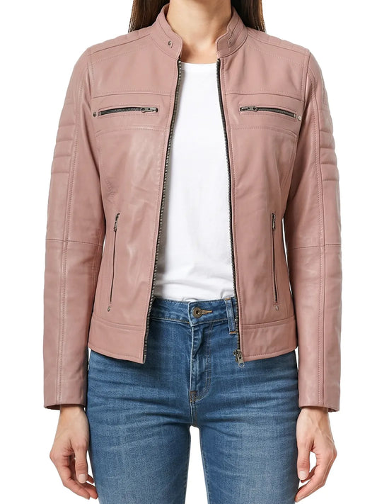 Austin Womens Pink Cafe Racer Style Leather Jacket