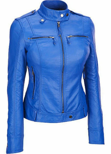 Womens Real Lambskin Royal Blue Leather Jacket With Zipper & Pocket Max Jackets