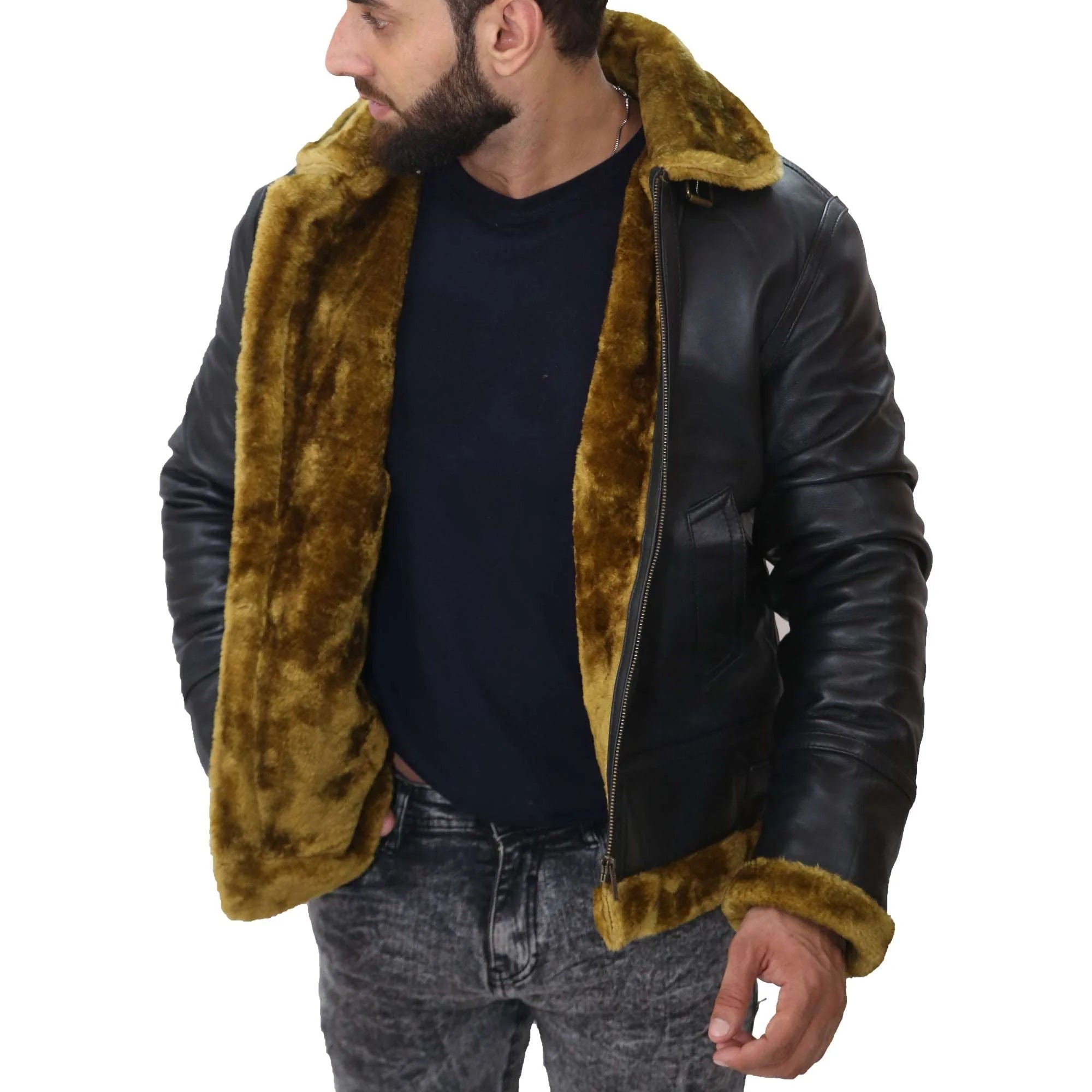 B3 Bomber Men's Real Shearling Black Winter Leather Jacket Max Jackets