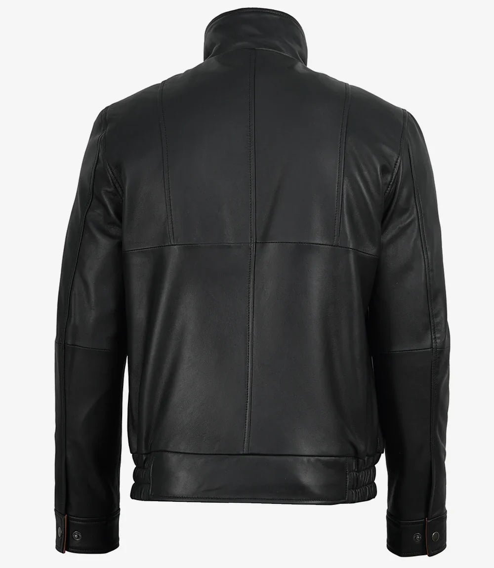 Erin Mens High-Collar Black Bomber Leather Jacket With Brown Details