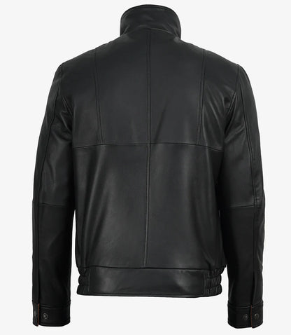 Erin Mens High-Collar Black Bomber Leather Jacket With Brown Details