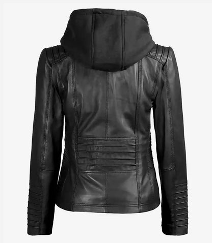 Women's Black Leather Jacket with Removable Hood