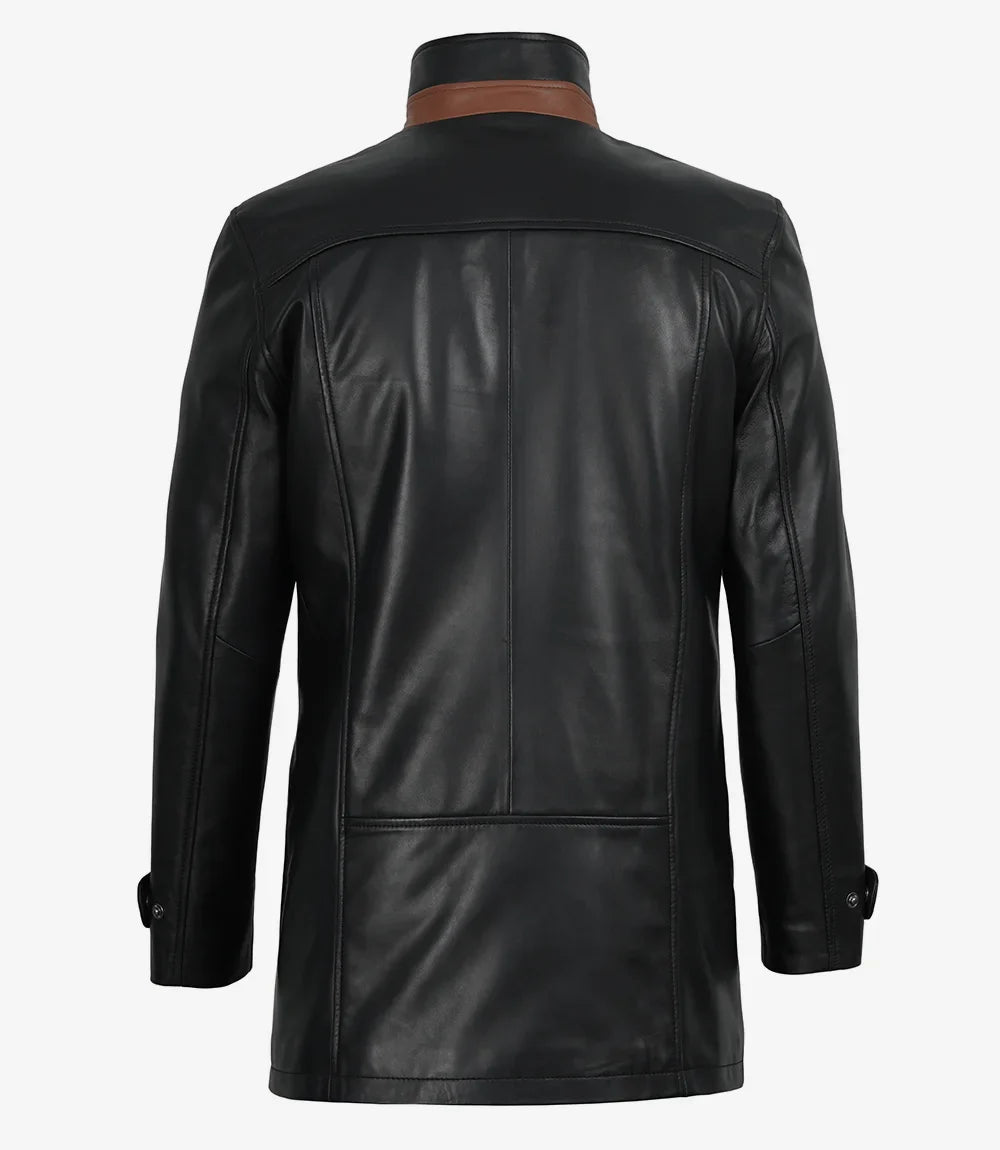 Erin Mens High-Collar Black Leather Jacket With Brown Details