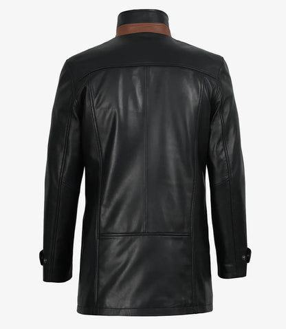 Erin Mens High-Collar Black Leather Jacket With Brown Details