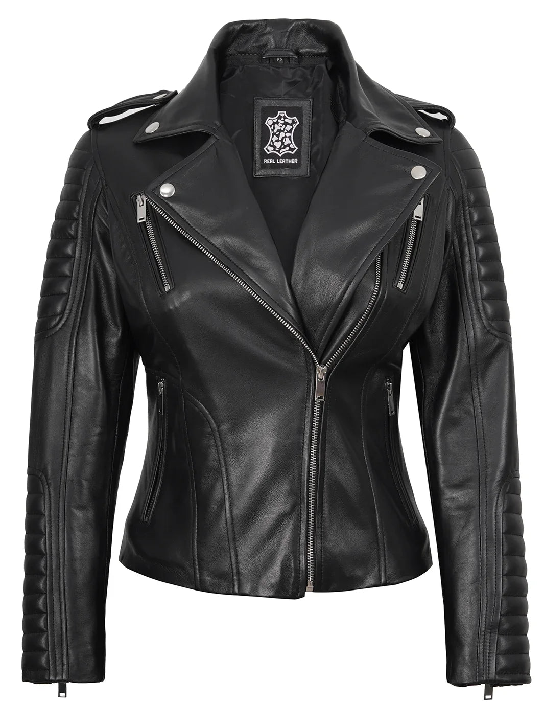 Womens Black Leather Biker Style Jacket With Removable Hood