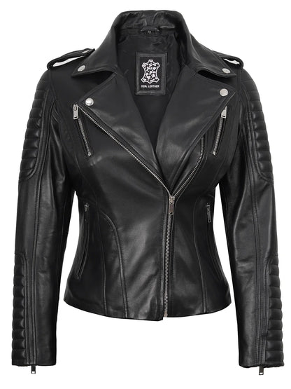 Womens Black Leather Biker Style Jacket With Removable Hood