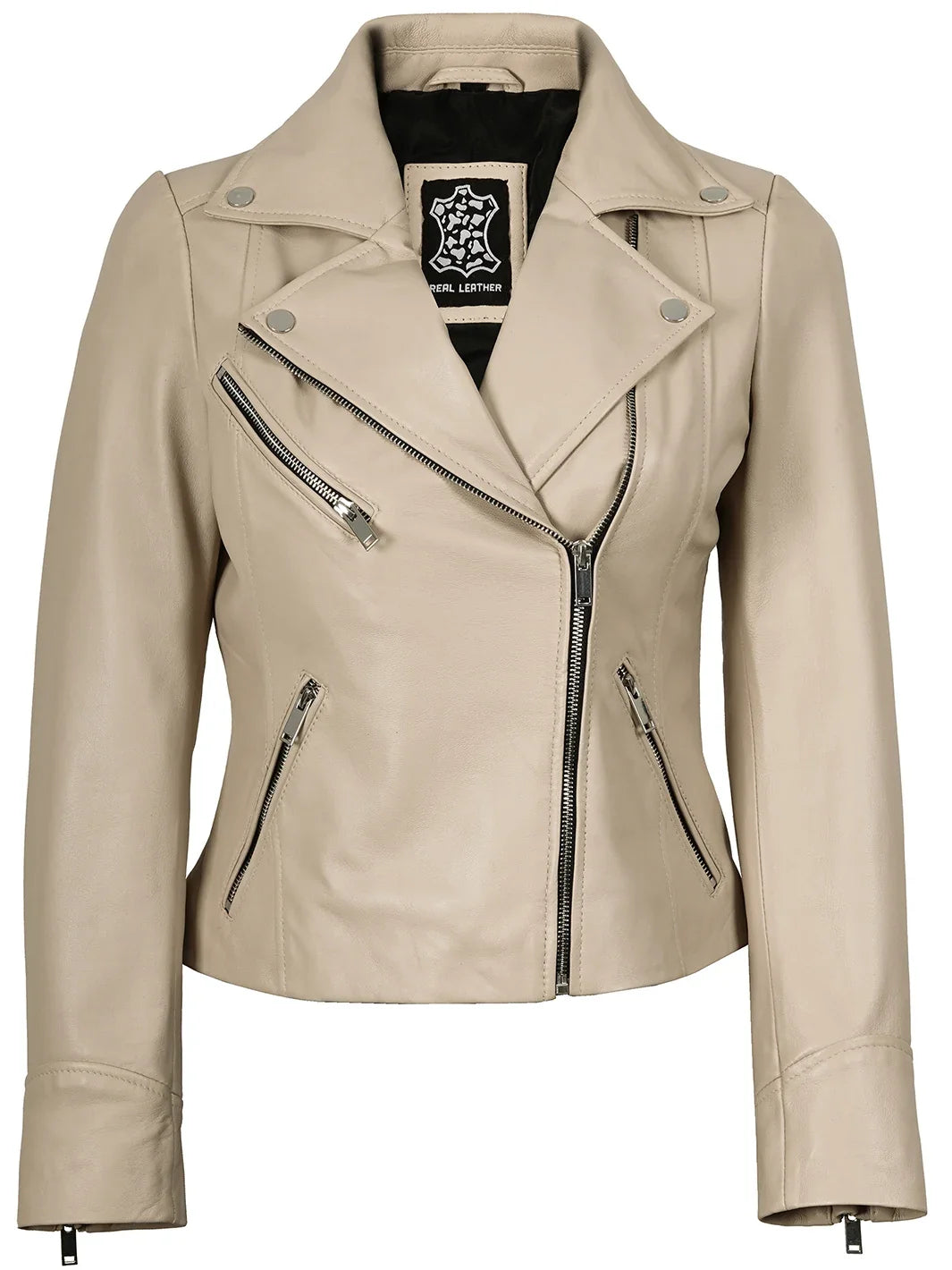 Women's Beige Asymmetrical Biker Style Real Leather Jacket
