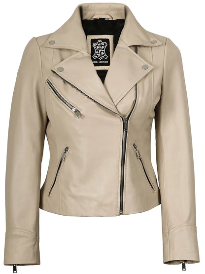 Women's Beige Asymmetrical Biker Style Real Leather Jacket