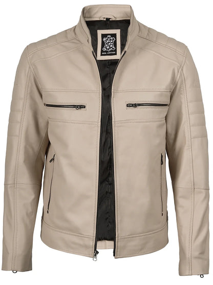 Mens Beige Cafe Racer Style Leather Jacket