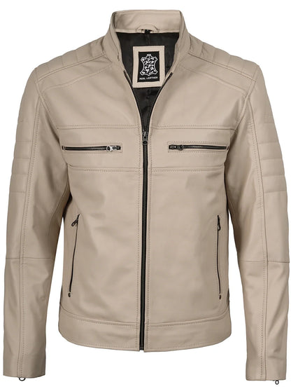 Mens Beige Cafe Racer Style Leather Jacket