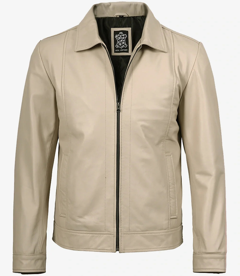 Mens Classic Shirt Collar Beige Harrington Leather Jacket