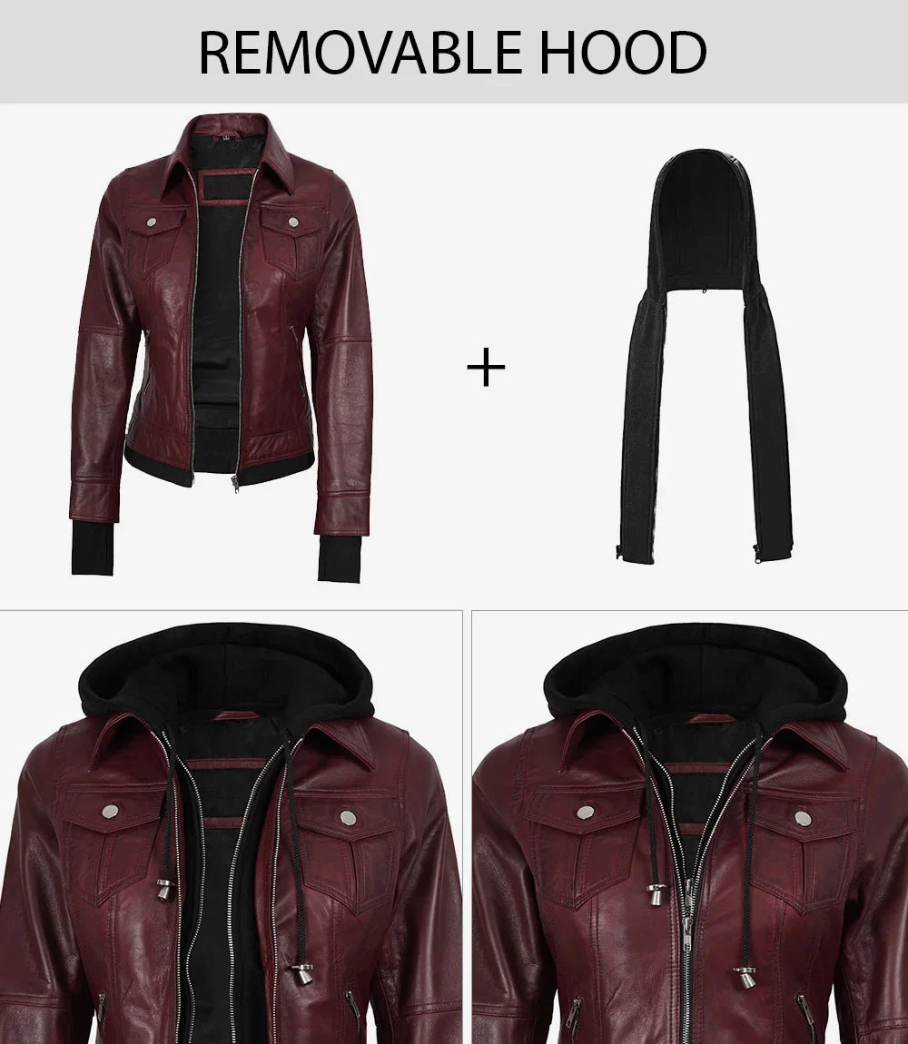 Women's Burgundy Hooded Leather Bomber Jacket