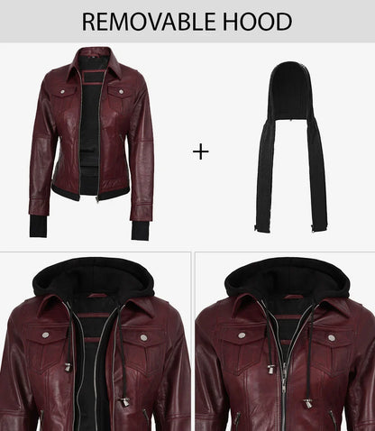Women's Burgundy Hooded Leather Bomber Jacket