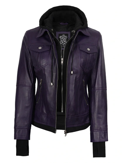 Women's Purple Hooded Leather Bomber Jacket
