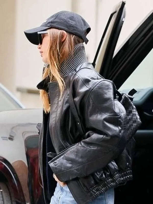 Hailey Bieber Black Bomber Leather Jacket Max Jackets