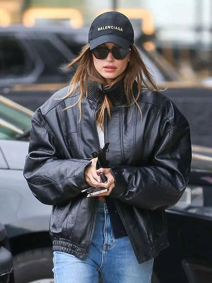 Hailey Bieber Black Bomber Leather Jacket Max Jackets
